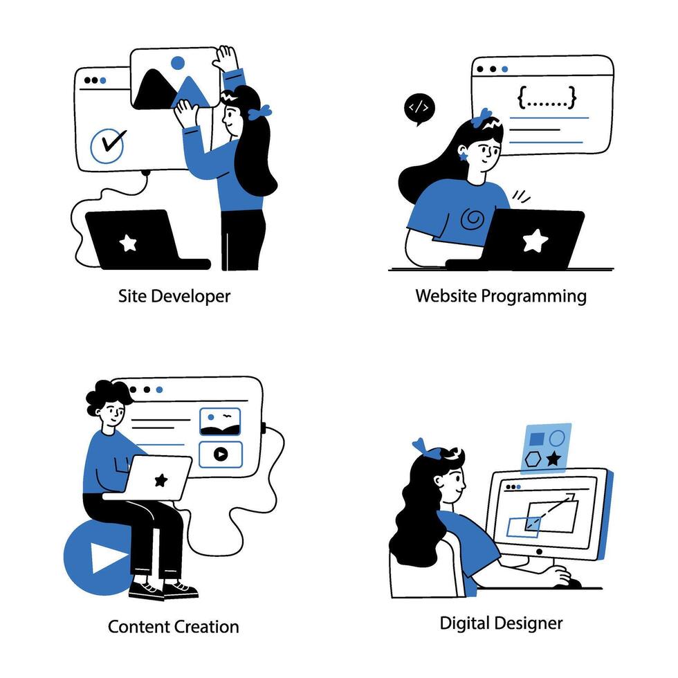 Website Developers and Designers Doodle Mini Illustrations vector