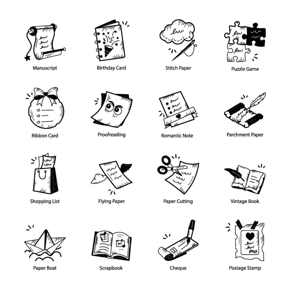Sticky Notes and Stationery Items Scribbles Doodle Icons vector