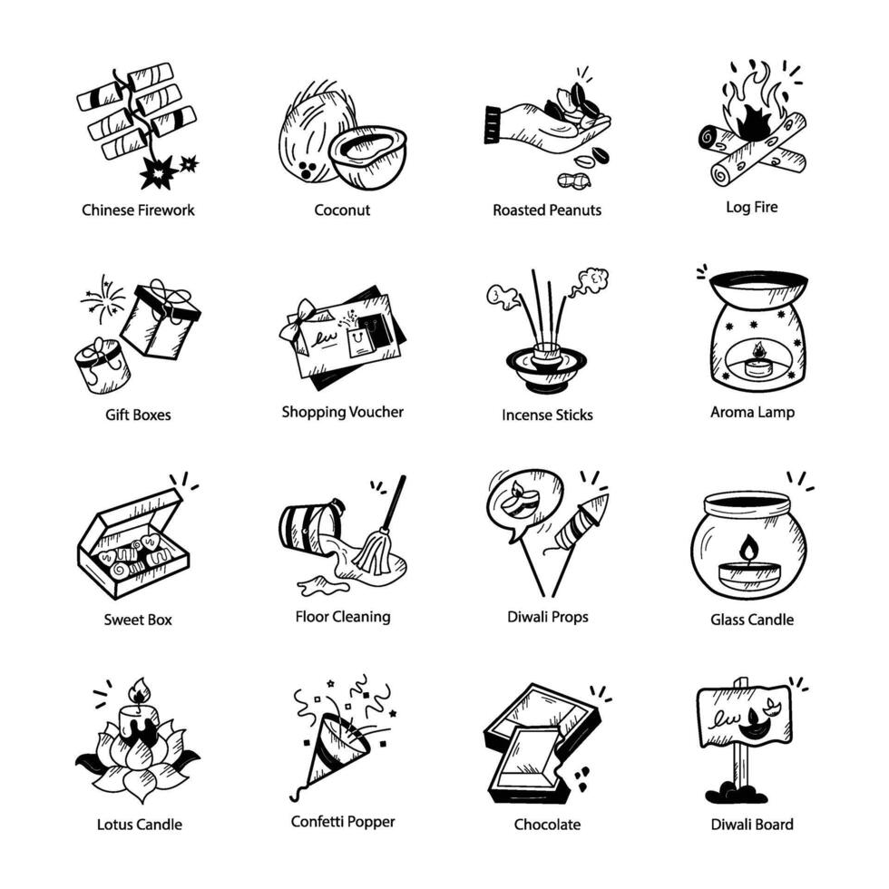 Modern Collection of Diwali Preparations Doodle Icons vector