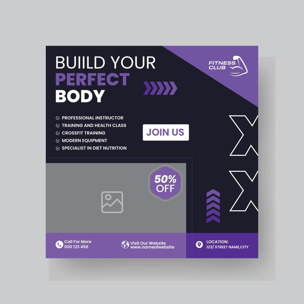 Gym and Fitness Social Media Post Template Design. vector