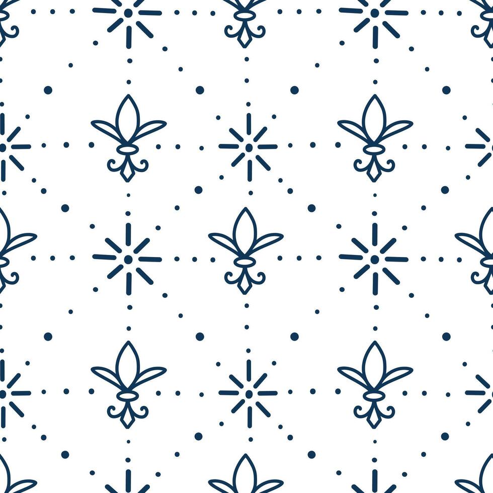 Fleur De Lis dotted seamless pattern. Hand drawn Navy blue on white background. vector