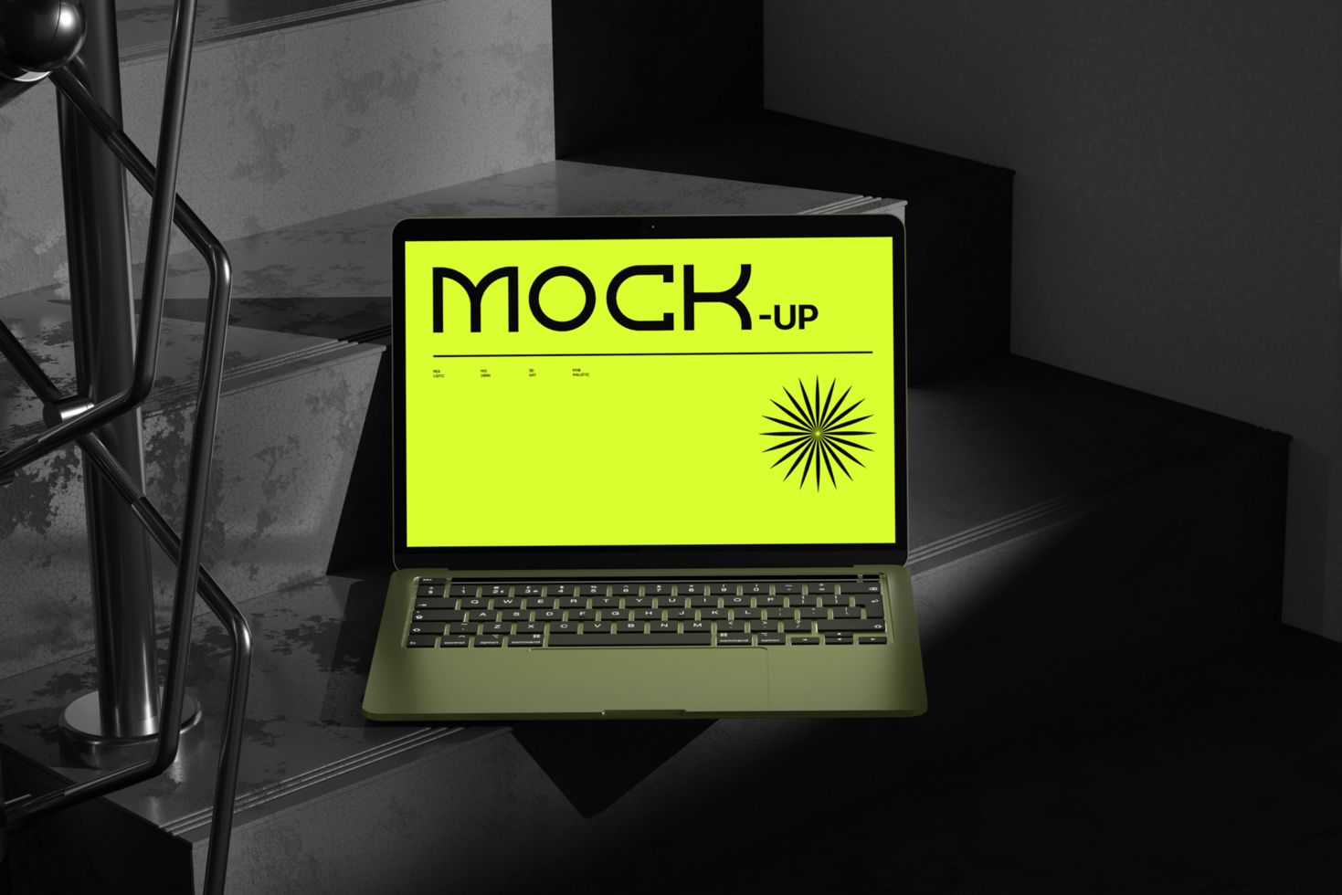 Device mockup laptop on the stairs and dark background psd