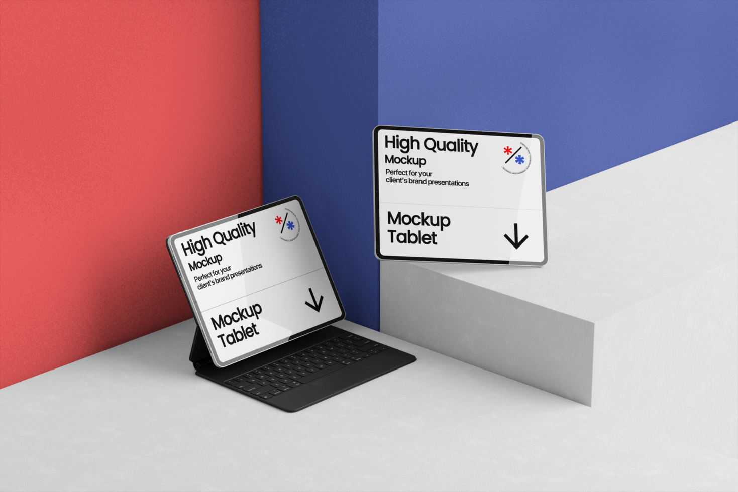 Tablet mockup with realistic 3d scene and wall background psd