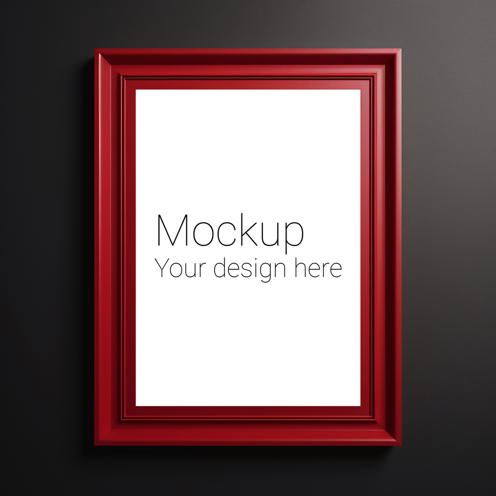 Mockup of red frame for poster or photo on black background psd