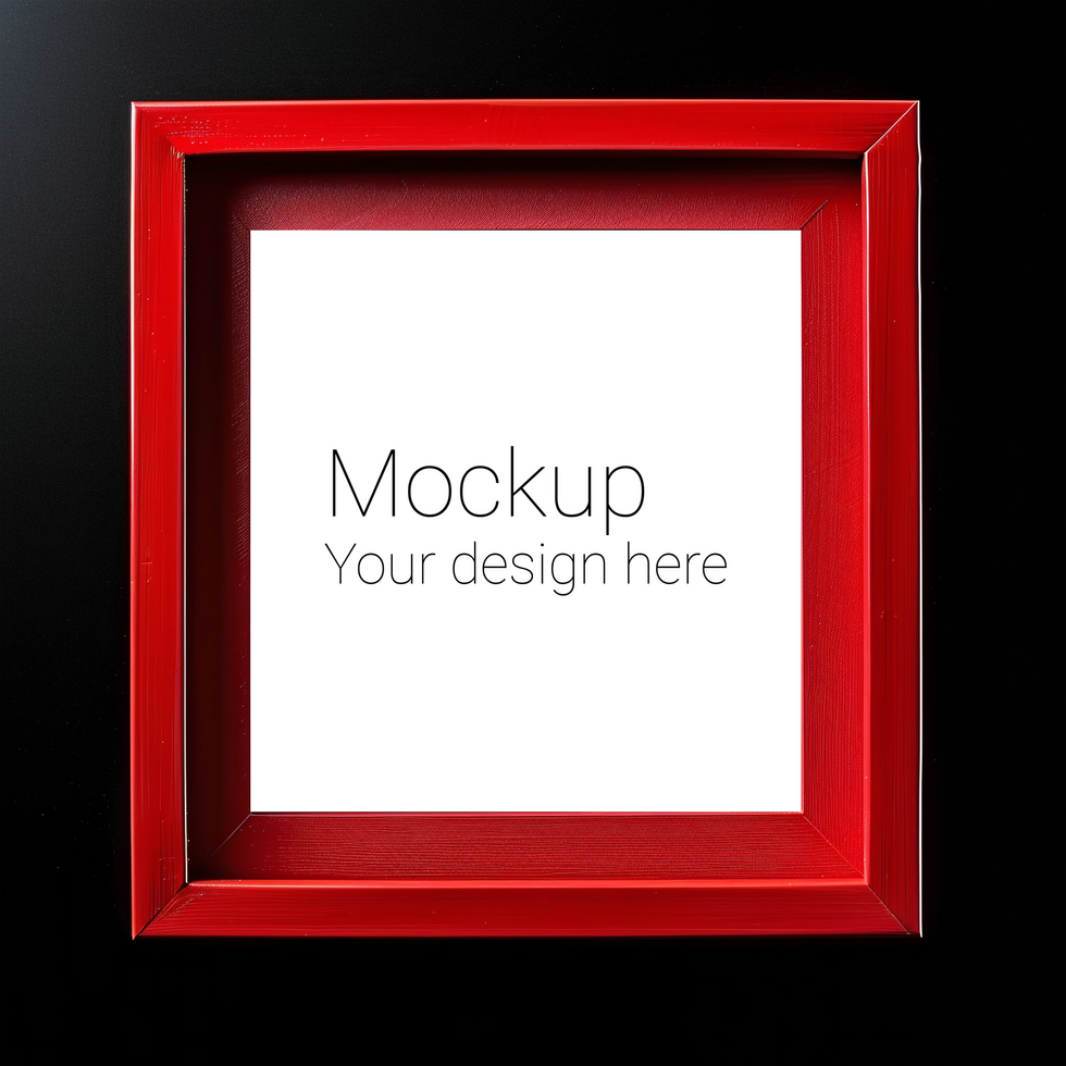 Mockup of red frame for poster or photo on black background psd