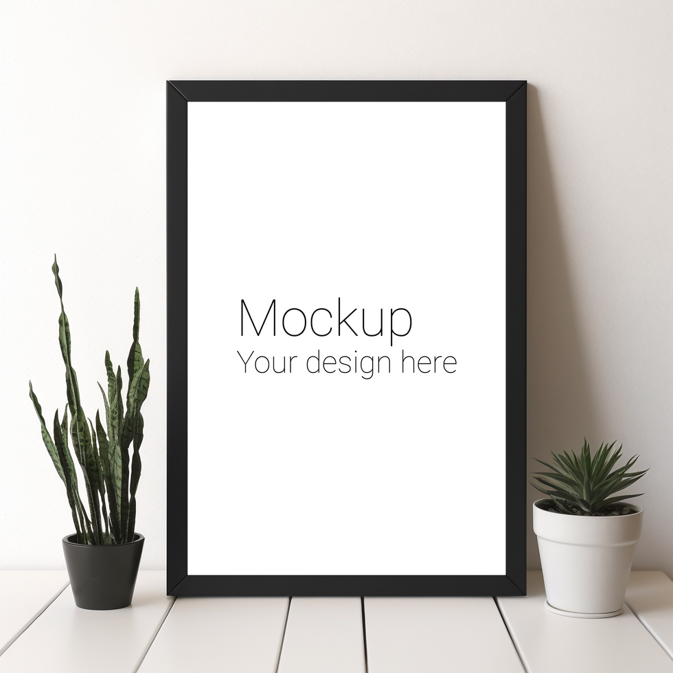 Mockup of black poster or photo frame on white table with two potted flowers psd