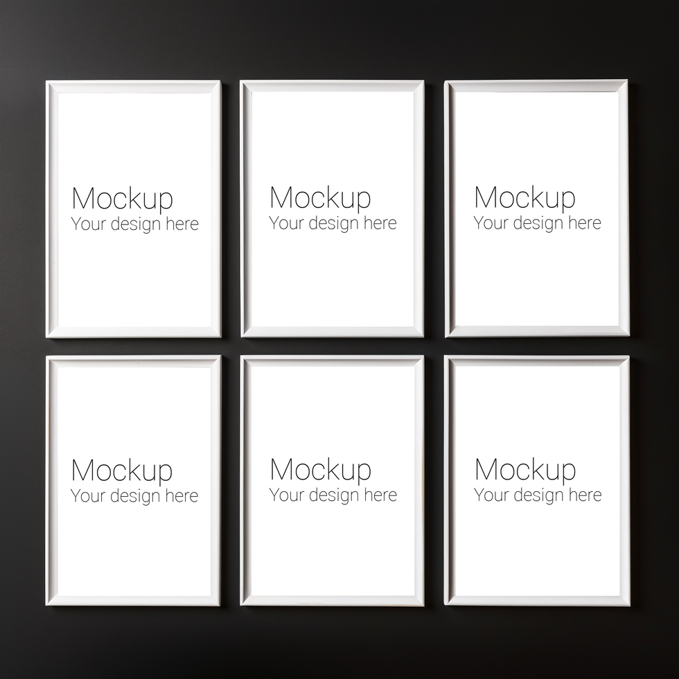 Mockup of six white posters or photo frames on black wall psd