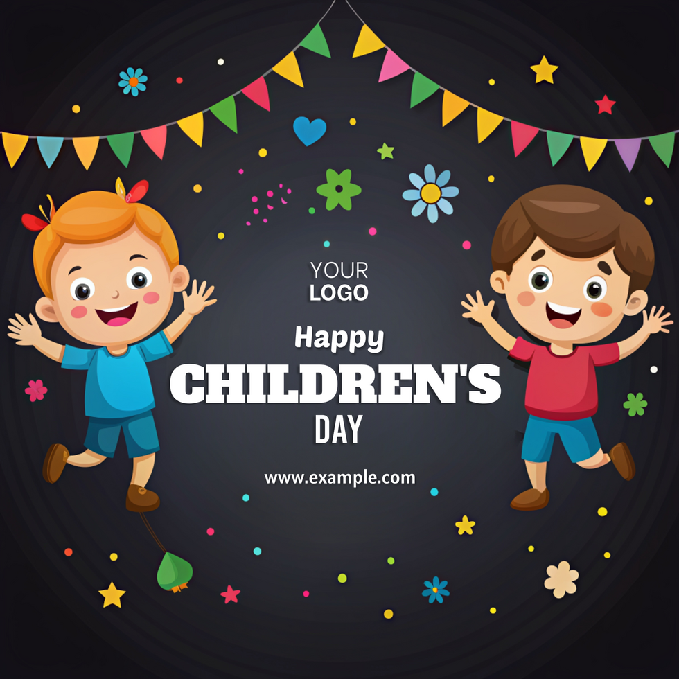 A poster for a children's day celebration with two boys jumping in the air psd