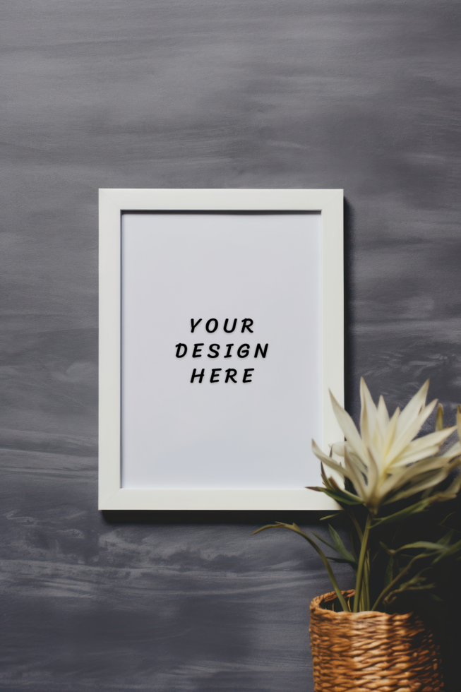 Photo frame mockup on grey background with flower psd