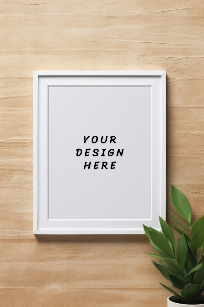 Photo frame mockup on wooden background with plant psd