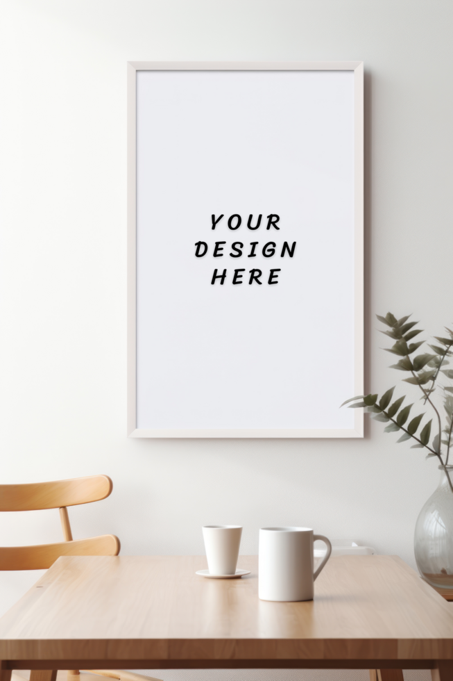 Photo frame mockup on white wall behind the table psd