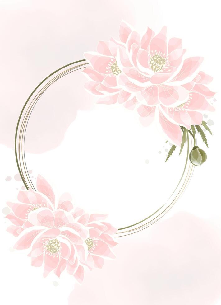 Wreath of delicate lotus flowers and gold line. Round floral frame with flowers for design of cards, covers, etc vector