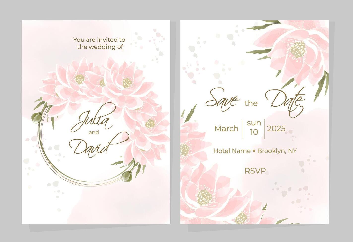 Versatile templates for wedding card designs, notepad covers or invitations. Festive watercolor design with gold line and lotus flowers in a round frame with space for text. vector