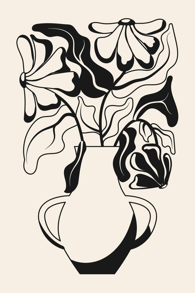 Abstract floral poster.Black and white illustration of flowers in a vase in trendy naive retro hippie style of 60s 70s. Modern poster and background. vector