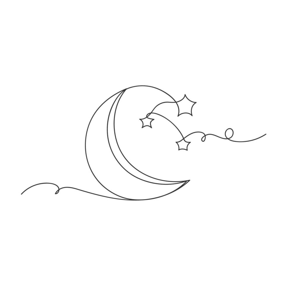 Moon and stars continuous one line drawing isolated. vector