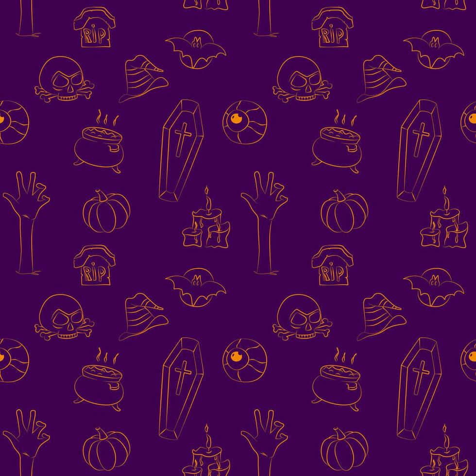 Seamless pattern with Halloween line icons on violet background vector