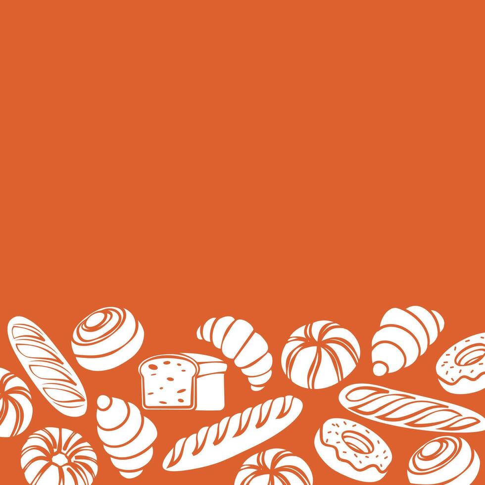Hand drawn line art depicting various delicious baked goods against a orange background vector