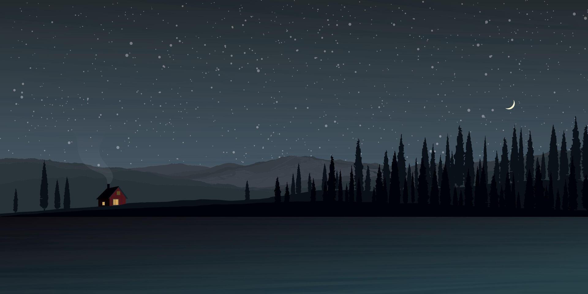Minimalist countryside landscape at night with lake, mountain ranges, country house and silhouette pine forest graphic illustrated have blank space. vector