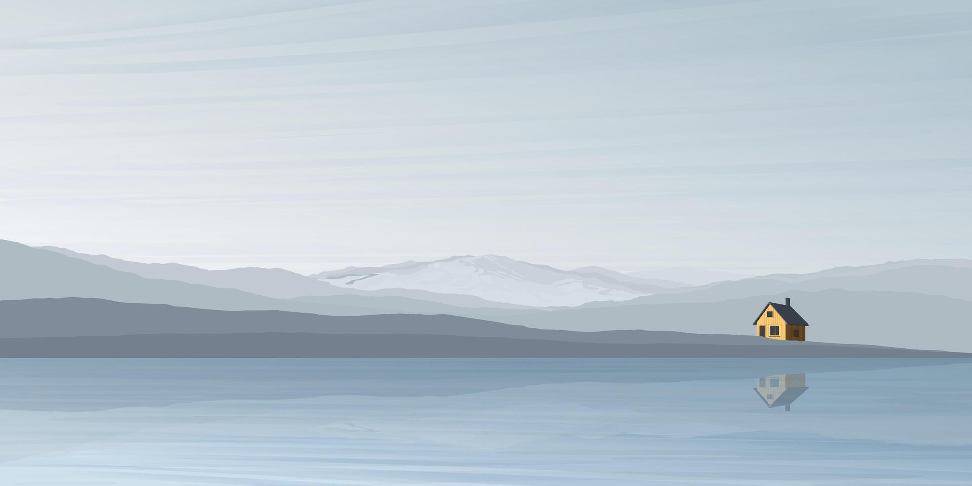 Minimalist countryside landscape in winter season with lake, mountain ranges and country house graphic illustrated have blank space. vector