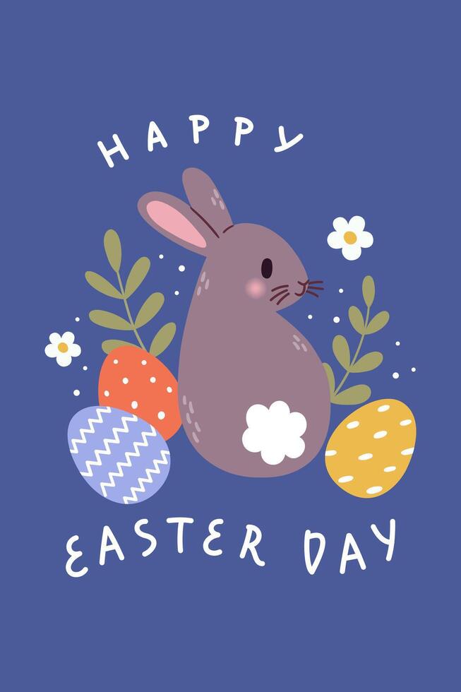 Easter greeting card with cute bunny, spring flowers and Easter eggs. Flat illustration. vector