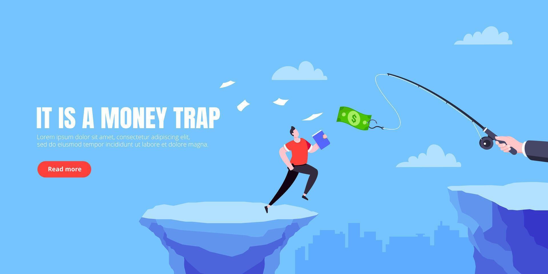 Fishing money chase business concept with businessman running after dangling dollar jumps over the cliff. vector