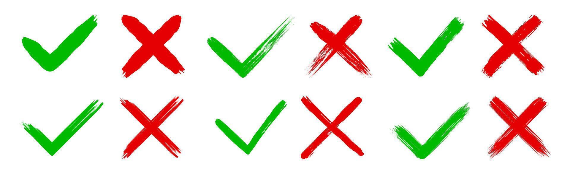 Dirty grunge hand drawn with brush strokes cross X and tick OK check marks V illustration set vector