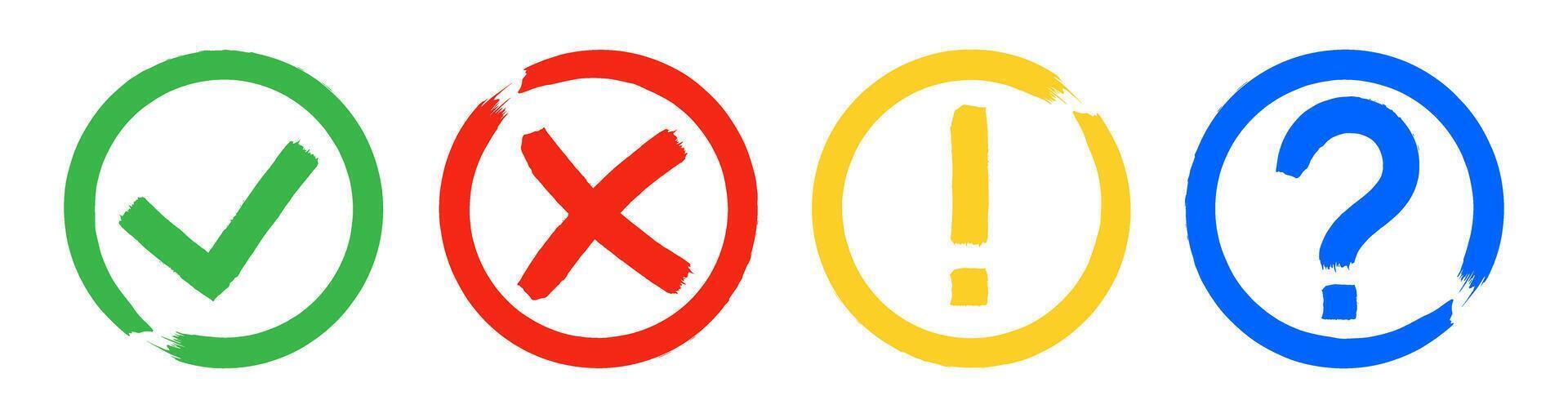 Dirty grunge cross x, tick OK, exclamation and question check marks in check boxes. vector