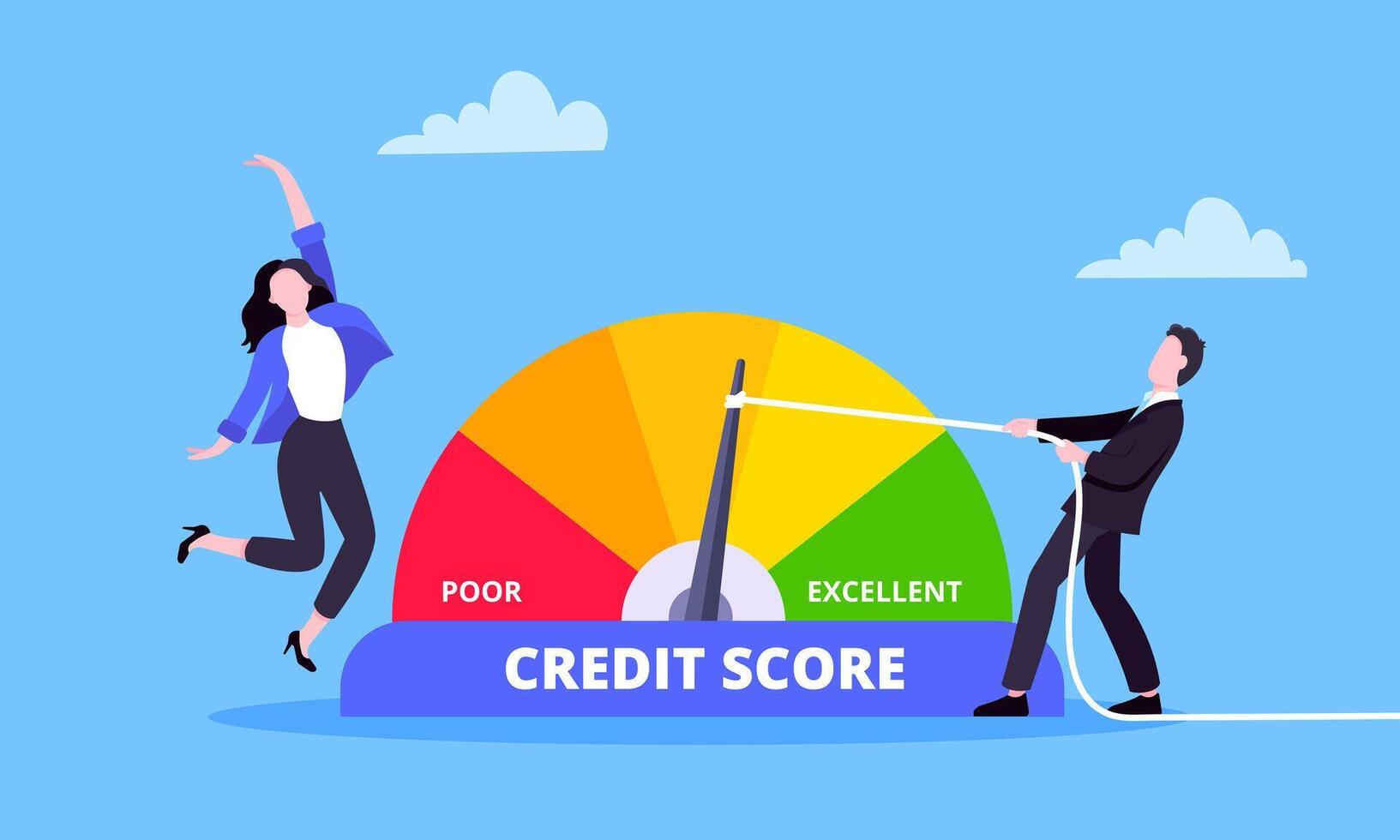 Man pushes credit score arrow gauge speedometer indicator with color levels. vector