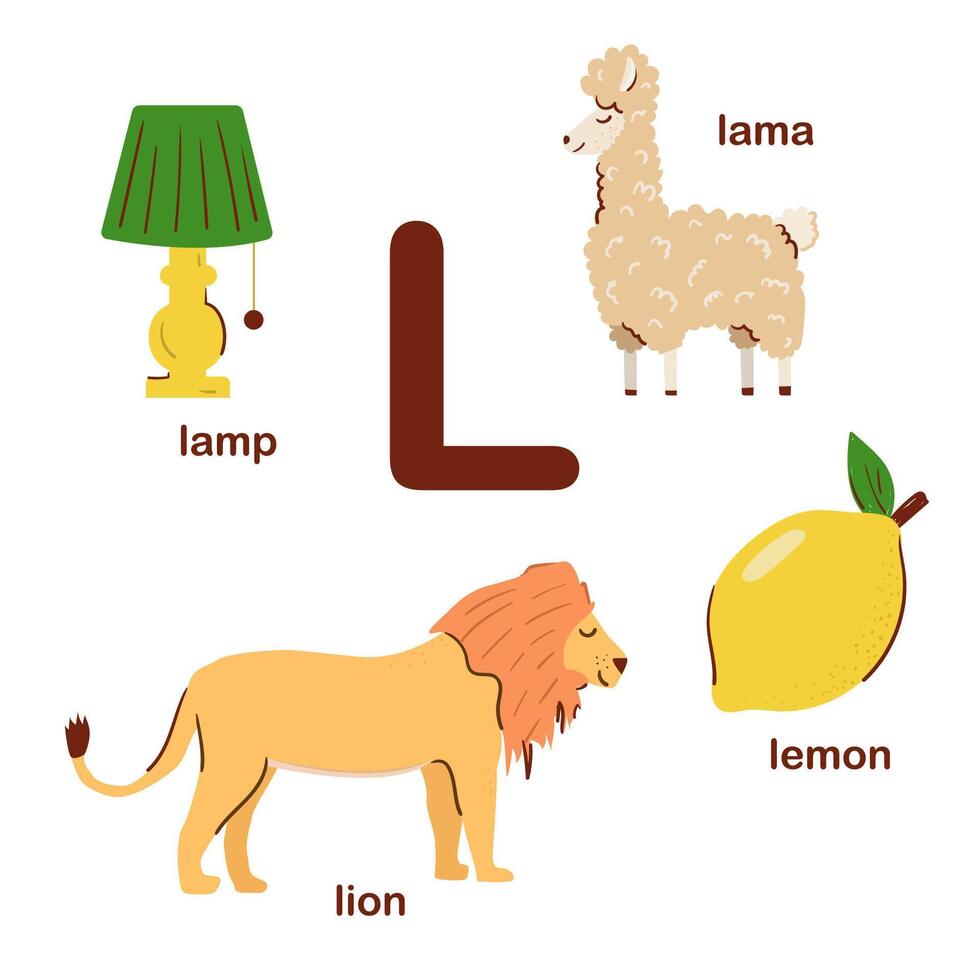 Preschool english alphabet. L letter. lama, llama, lamp, lion, lemon. Alphabet design in a colorful style. Educational poster for children. Play and learn. vector