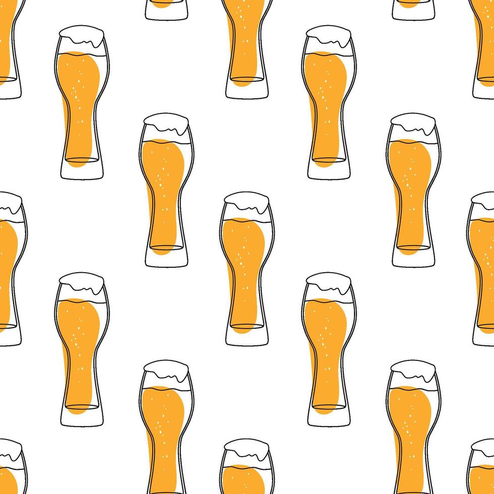 Seamless pattern mugs and glass of beer. Hand drawing for menu, Oktoberfest Festival, beer poster, bar card. . vector