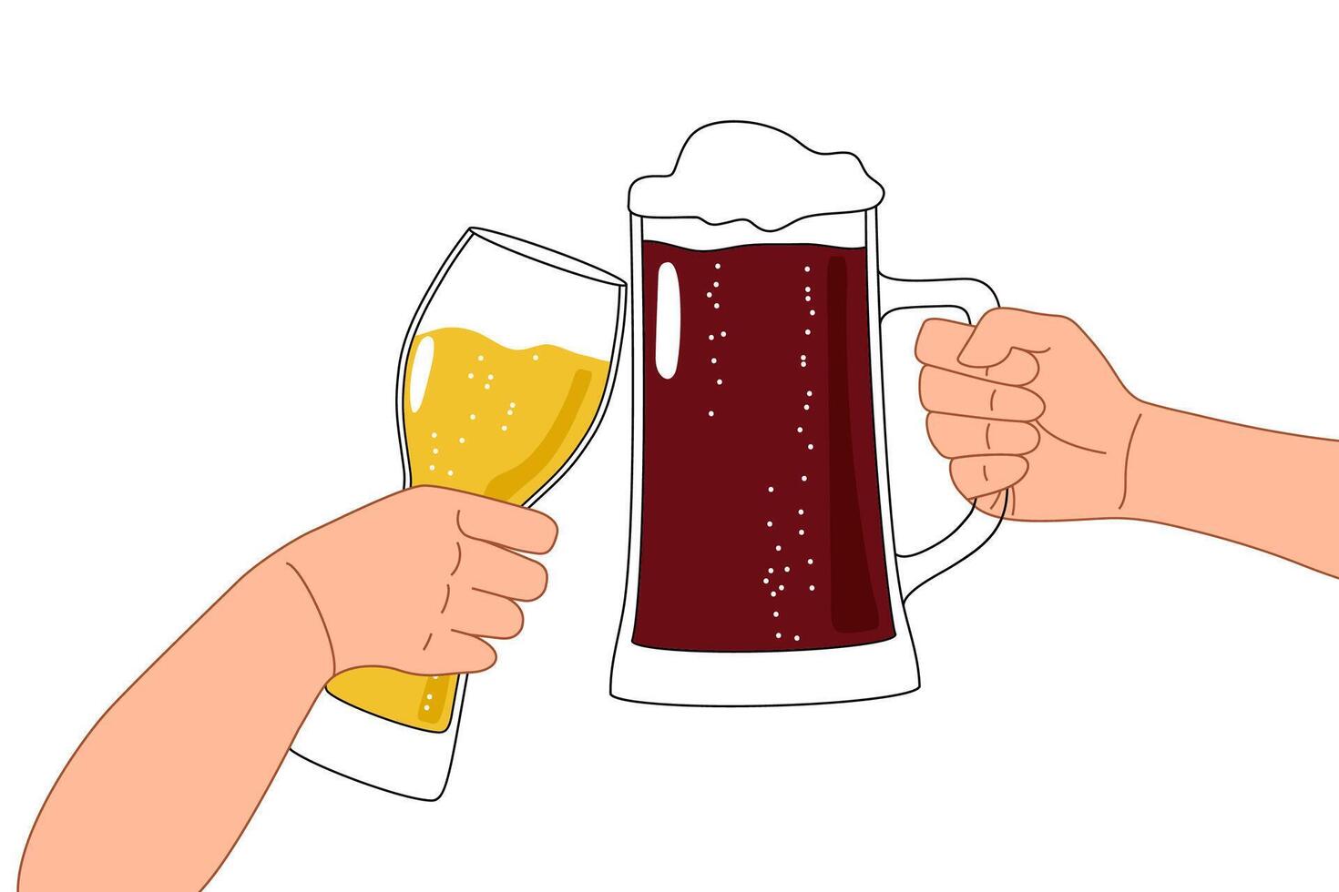 Beer hands cheers isolated on white background. vector