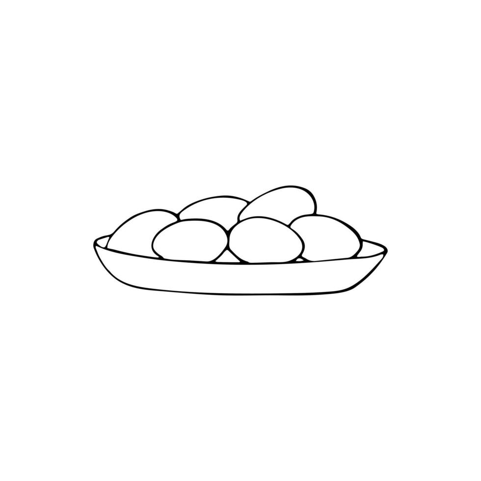 Eggs in a plate sketch. Hand-drawn farming food. Fresh eggs, outline icons. Rural natural bird farming. Poultry business. vector