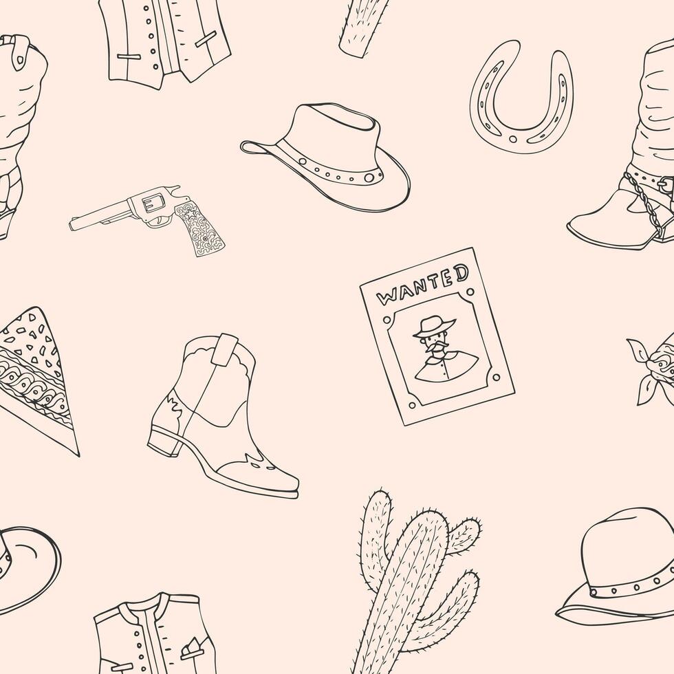 Cowboy seamless pattern with linear items. Doodle-style design on the theme of the Wild West. Ornament for textiles, fabrics, background, wallpaper. vector