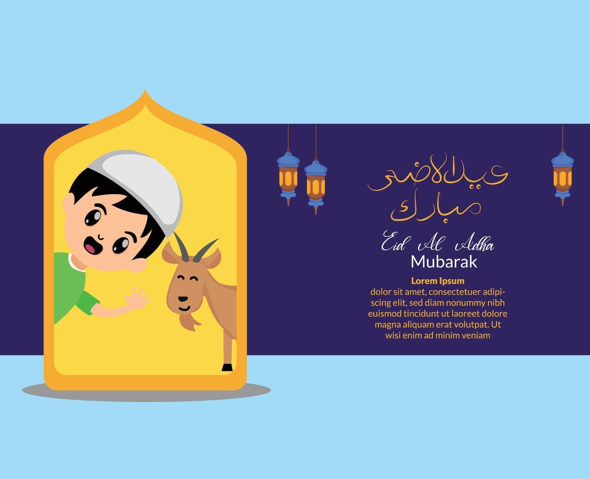 eid al adha kareem background with illustration of muslim kid and sacrificial goat vector