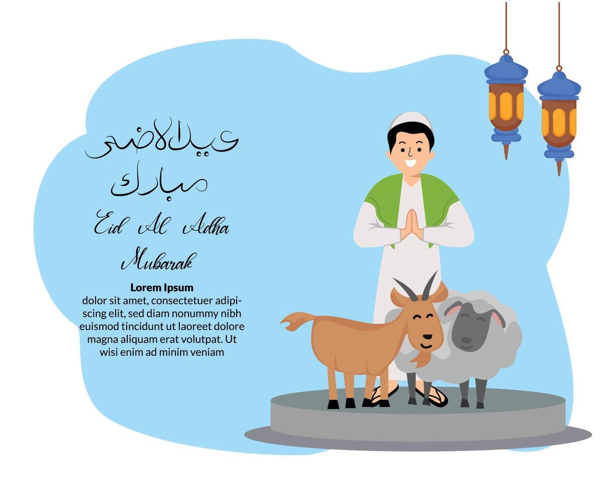muslim man greeting happy eid al adha with illustration of goat and sheep sacrificial vector