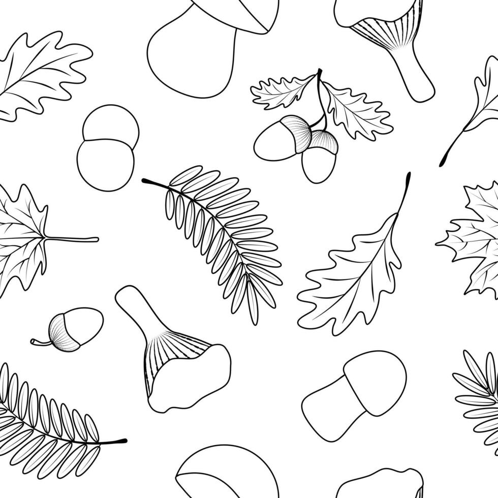 Seamless pattern with maple leaves, acorns, oak leaves, rowan leaves, ceps, mushrooms on white background. vector