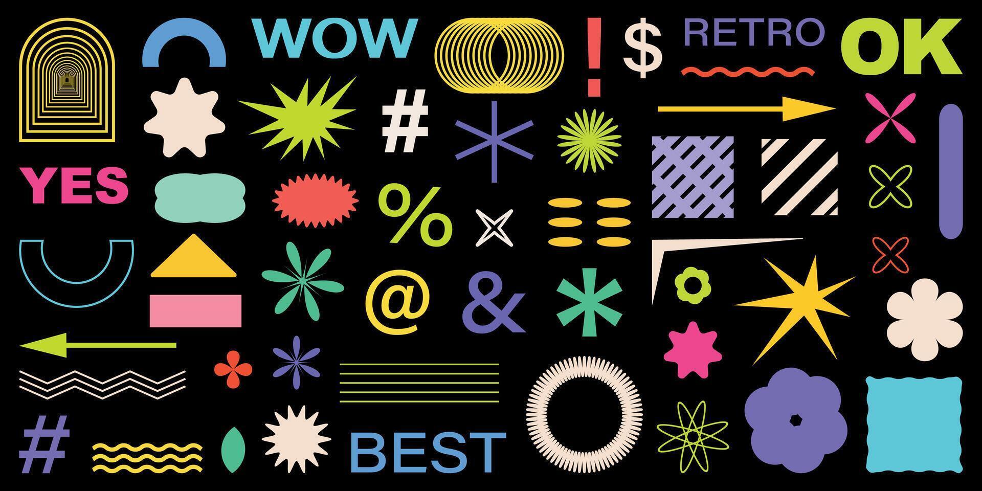 Abstract Shapes set y2k style for banner. Groovy Retro Y2k aesthetic. Trendy 90s geometric forms for banner, stickers, poster. Simple shapes, Flower, spiral, wave. Elements 2000s. Abstract brutal form vector