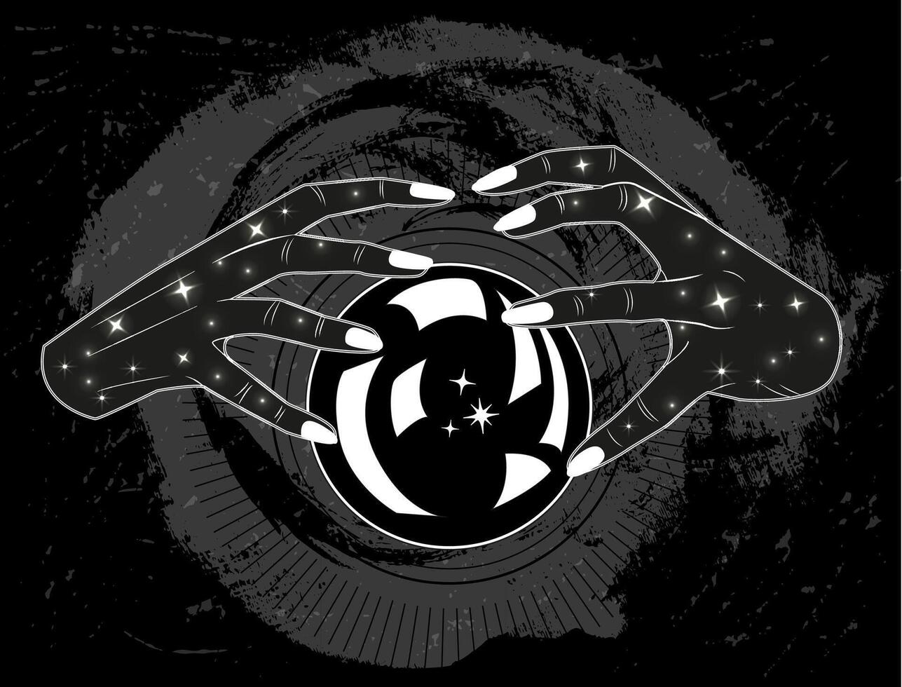 Hand drawn illustration with magic crystal ball in hands of fortune teller. Tattoo, poster or altar design print concept, esoteric, wicca and gothic background vector