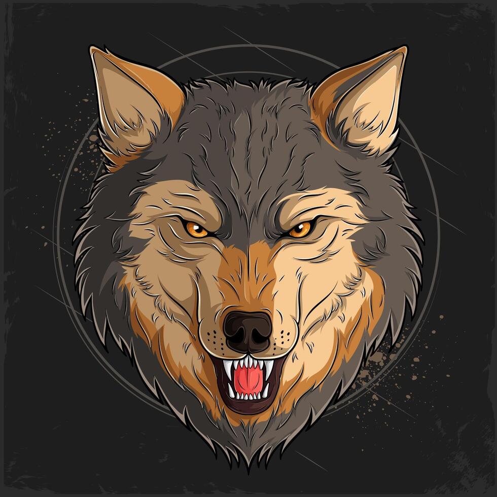 Hand drawn aggressive growling wolf head, brown alpha male lone wolf, Wild animal Mad Mountain wolf vector
