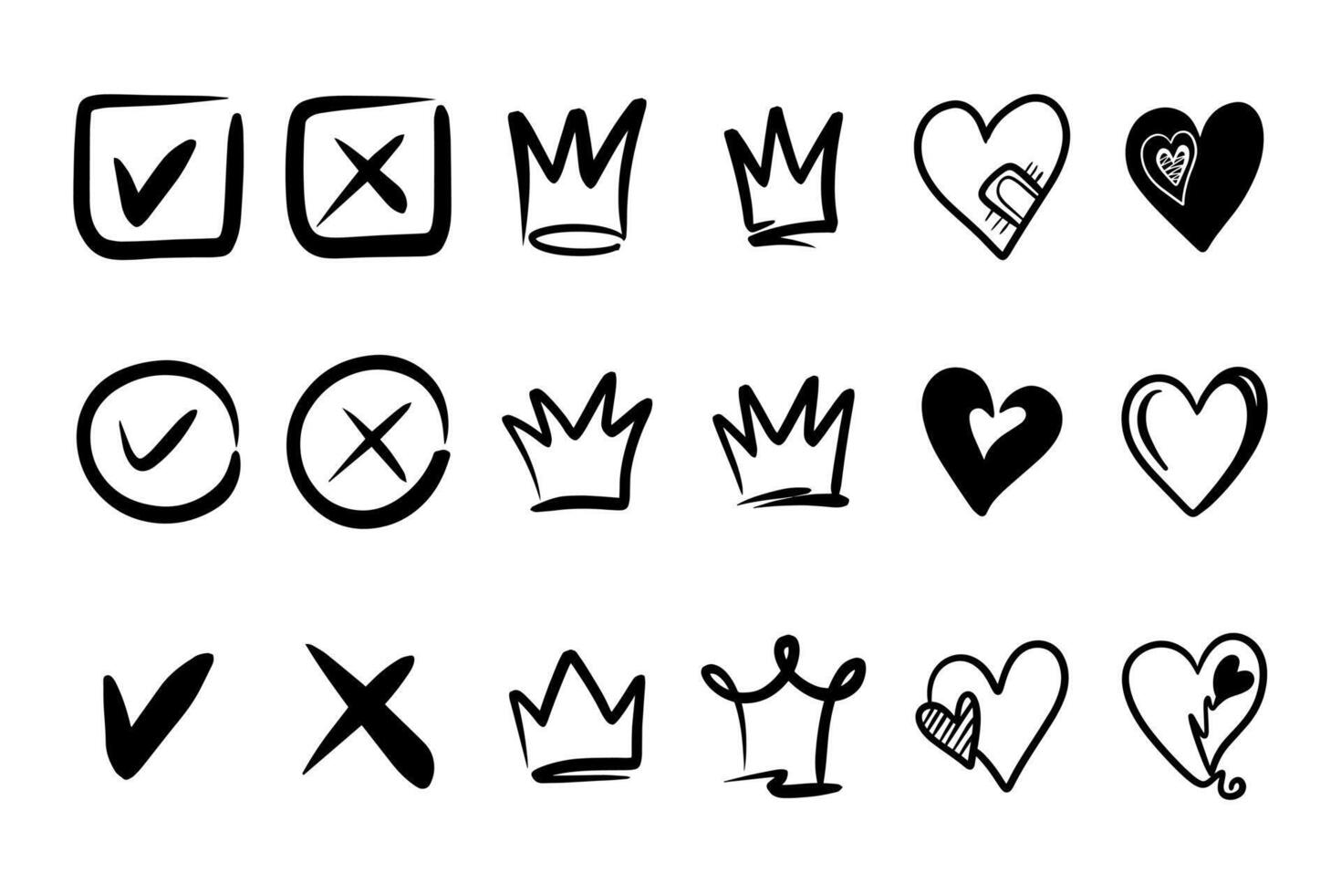 Doodle element set, for concept design. Love, Crown, Check mark. vector