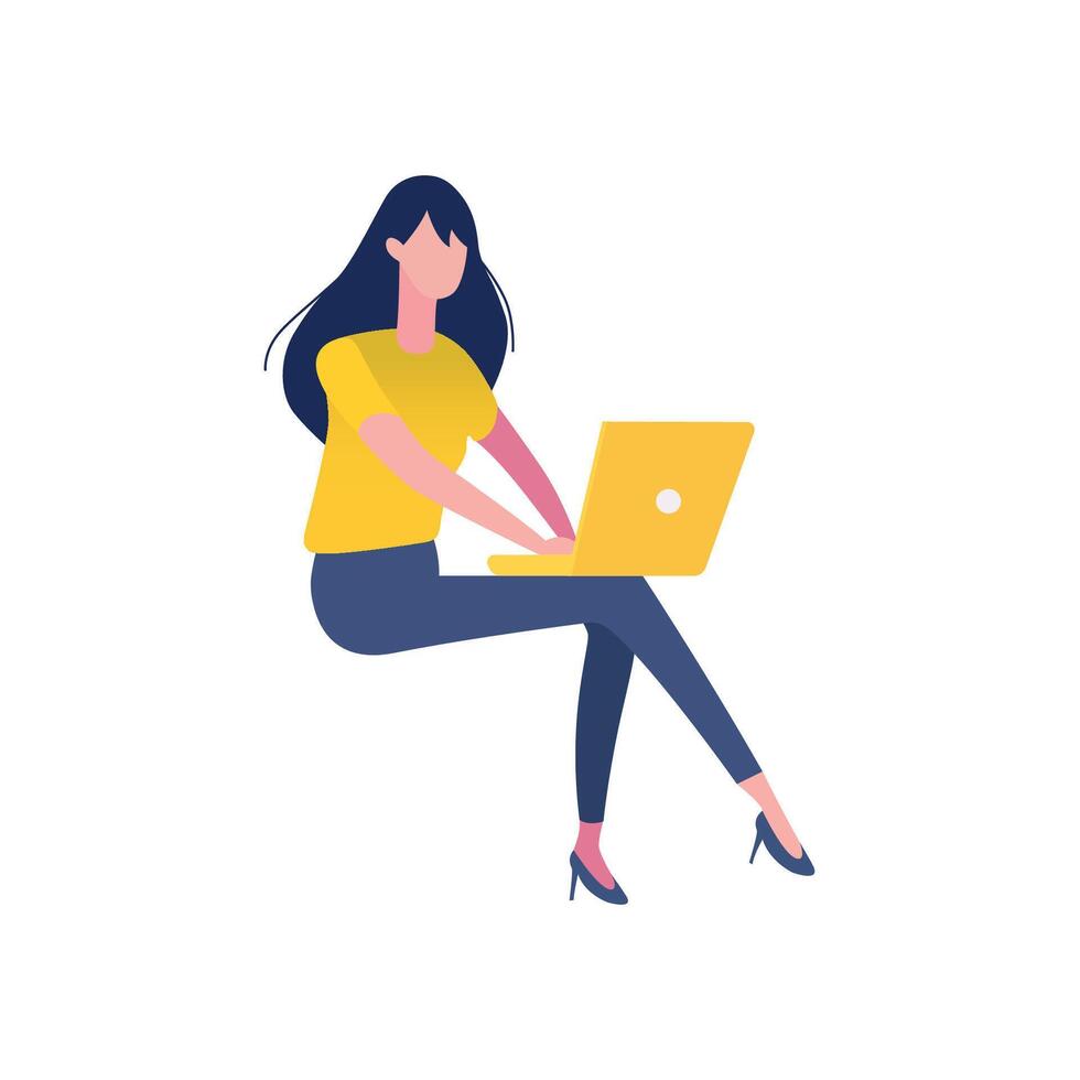 Woman sitting and working isolated on white background. vector