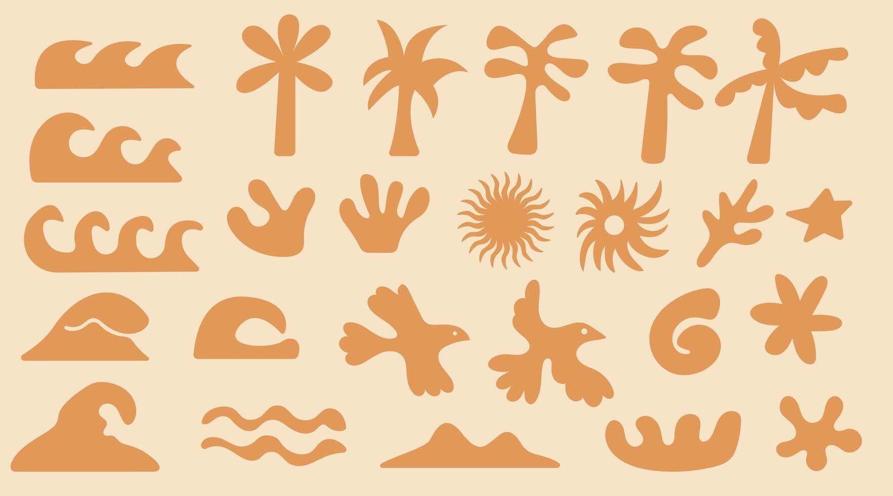 Groovy boho beach summer elements. Drawn palm tree and birds. Abstract minimal sea and sun in trendy retro naive simple style. vector
