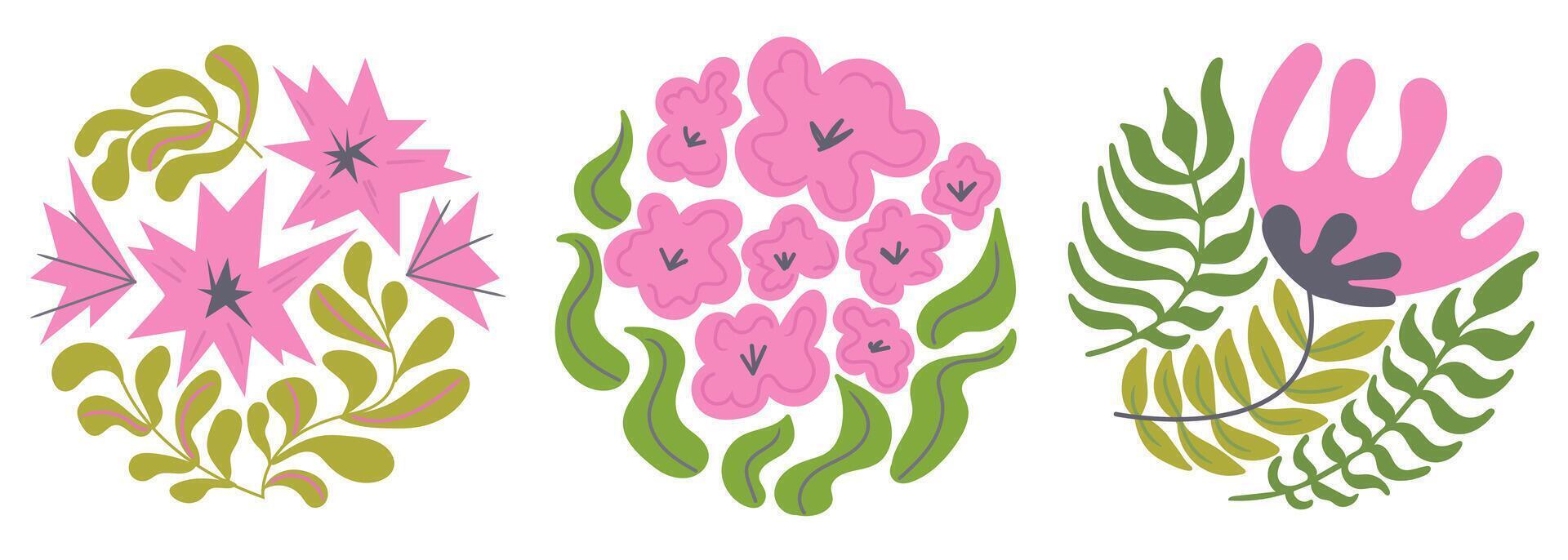 Set of groovy organic floral shape. Bloom pink flower in trendy naive retro hippie 60s 70s style. Floral poster vector