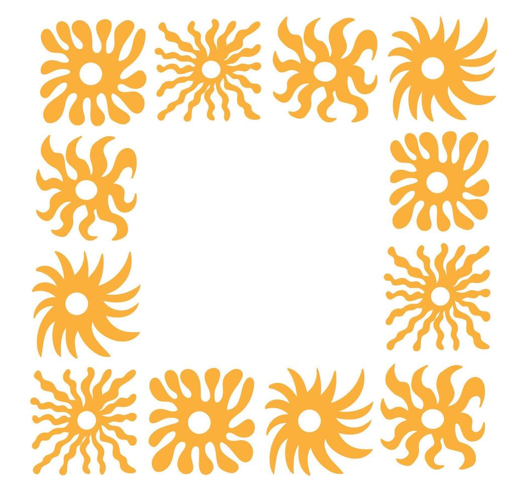 Abstract modern curvy frame with abstract sun. Floral border in boho minimal style. Yellow colors vector