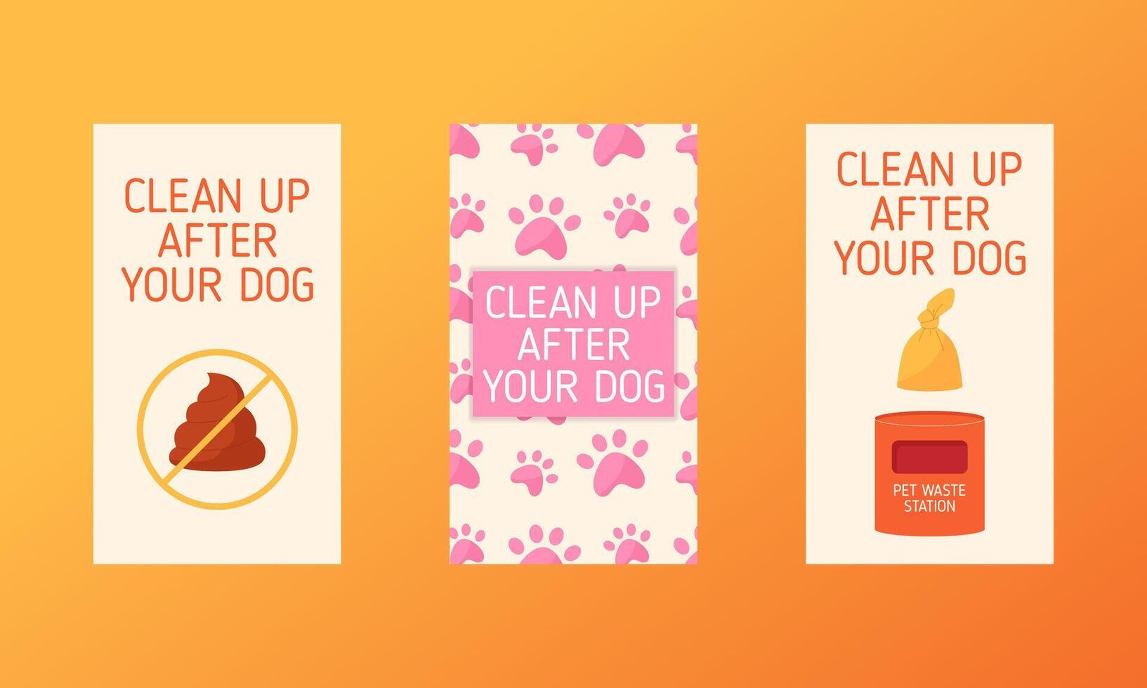 Clean up after your pets poster set. Proper walking of pets. Concept of keeping the environment clean vector