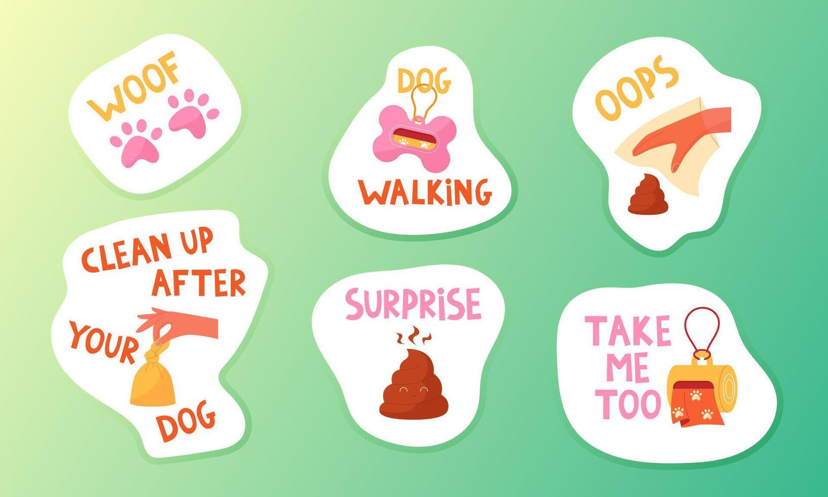 Dog walking set of stickers. Clean up after your pets vector