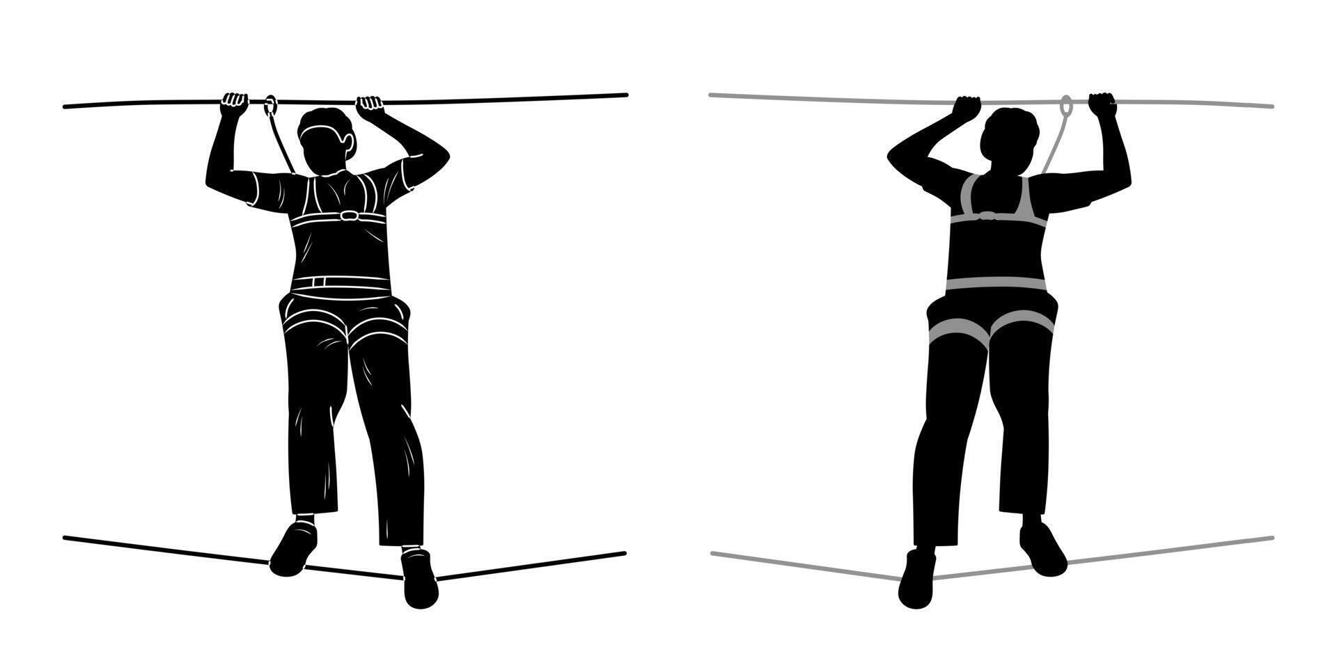 Silhouette of a tourist walking a rope, tourism element vector