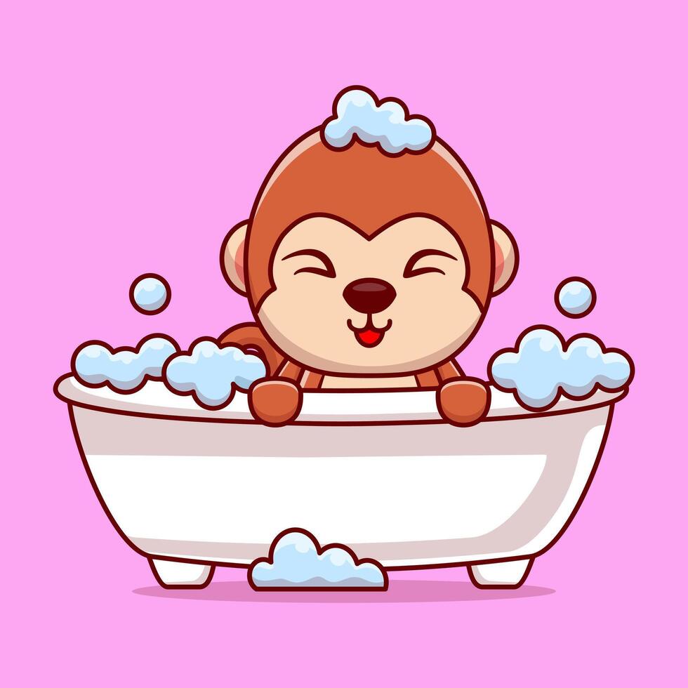 cartoon cute monkey bathing in bathtub filled with foam vector
