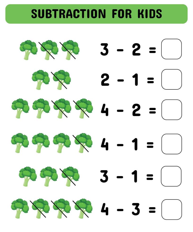 Broccoli subtraction game. math game for preschoolers. illustration. vector