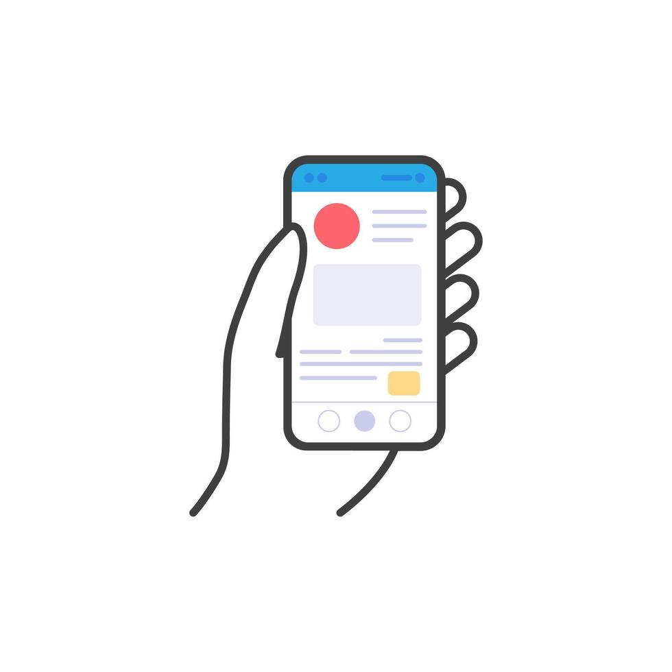 Hand hold the smartphone. Mobile phone touch screen in hand, icon flat design vector